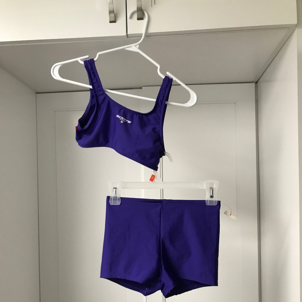 Roots Swim Girls 2 Piece Boy Short Cropped top Purple Sz US 12 Swimsuit NWT